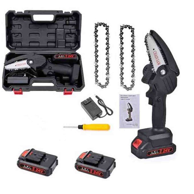 Mini Fierăstrău cu 2 Acumulatori 24V, Lamă 15 cm, fără Cablu, cu Trusă de Depozitare