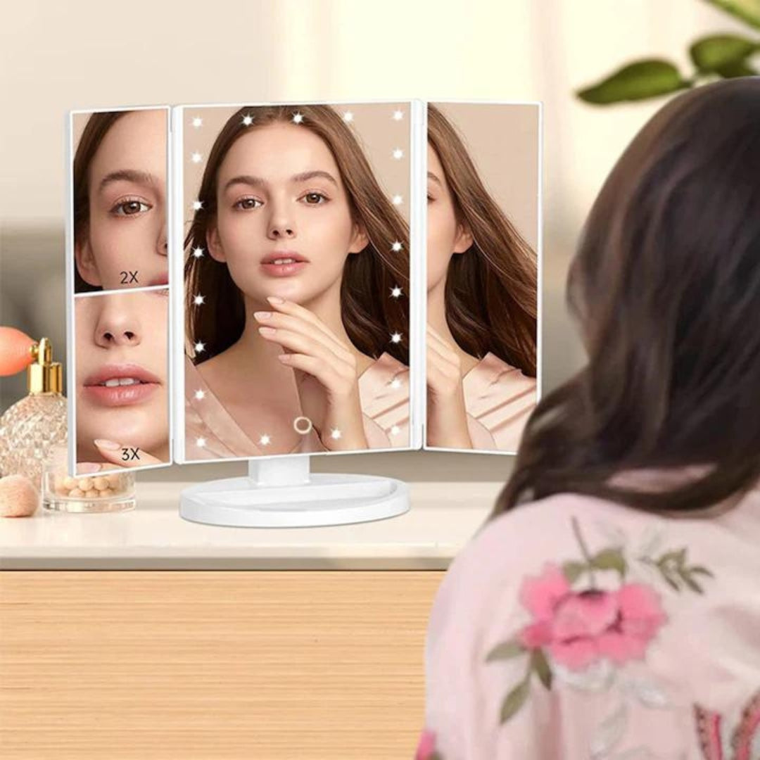 Oglindă Profesională LED pentru Machiaj, cu 3 Oglinzi Pliabile și Control Touch