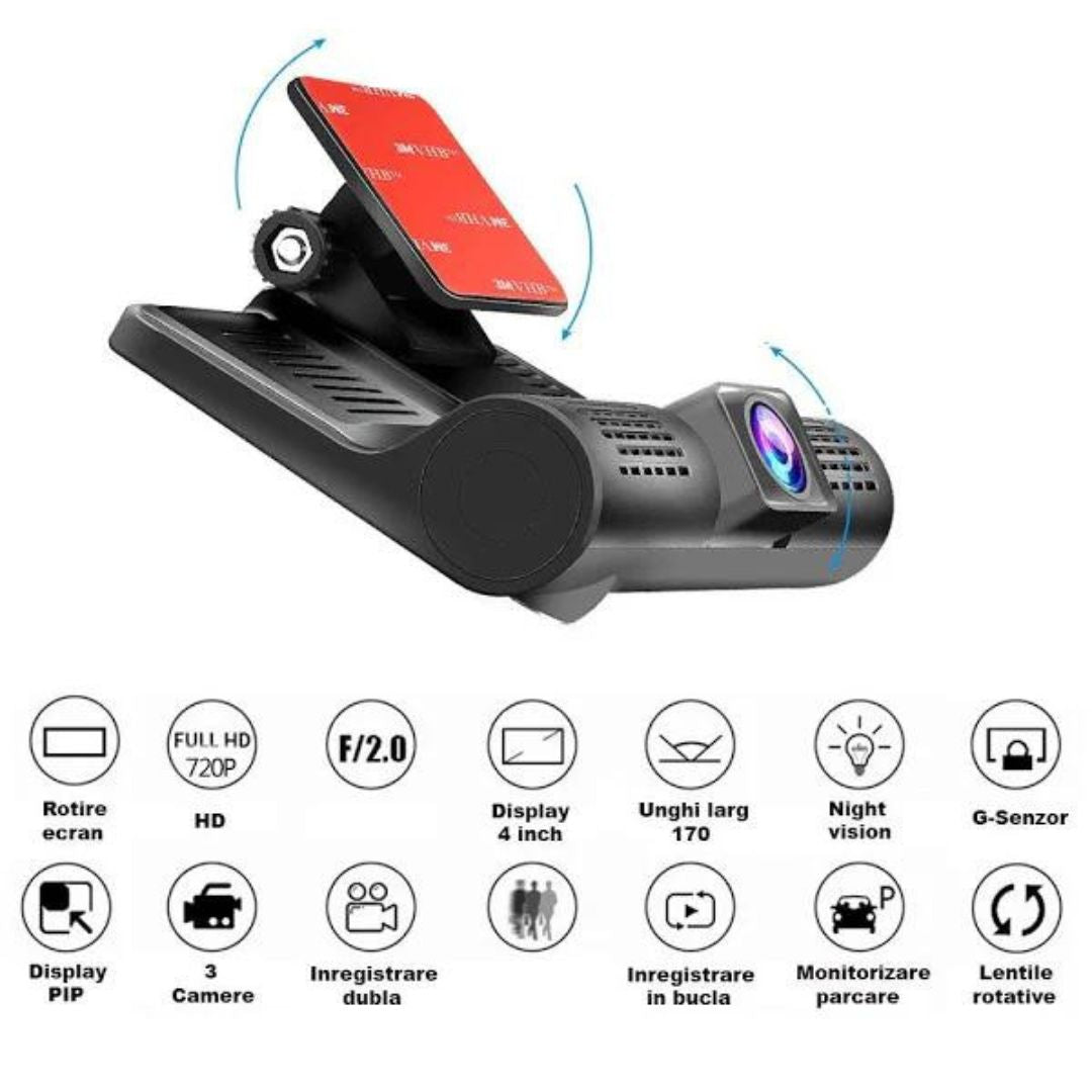 Cameră Video Auto Triplă DVR L300-1 Full HD, 3 Camere Față, Spate și Interior, Ecran 4 Inch