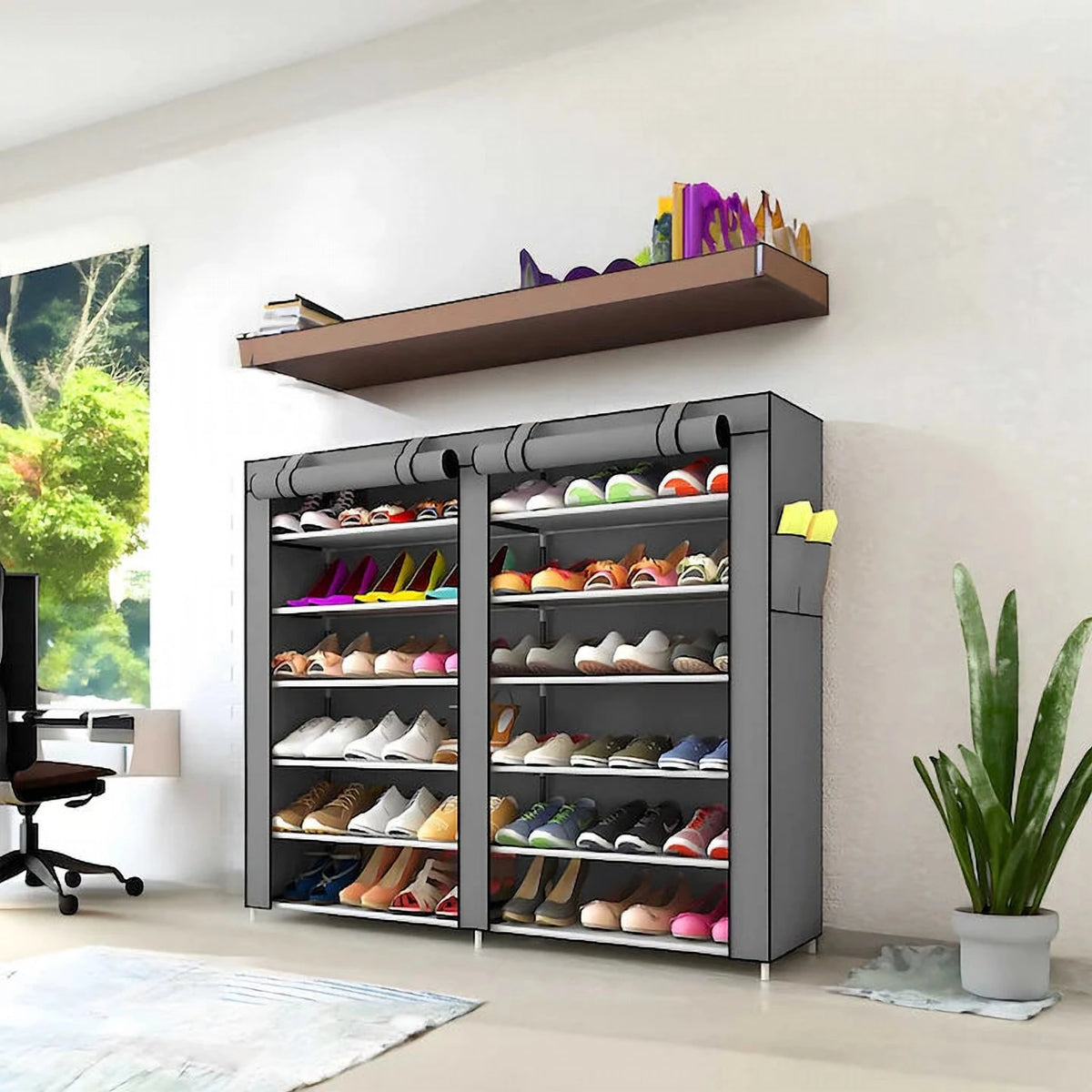 Dulap pentru Pantofi cu Fermoar, cu 12 Rafturi, din Textil, Gri, 120 x 30 x 110 cm