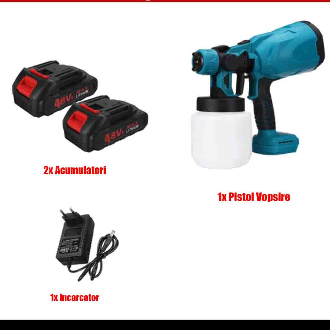 Pistol de Vopsit, 2 Acumulatori de 48V, Rezervor 800mL, 650mL/min, Trusa Depozitare