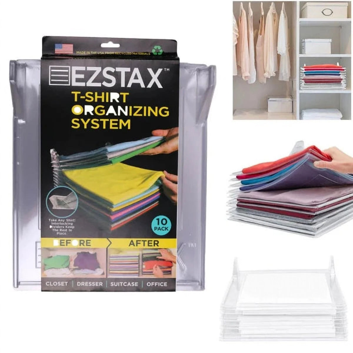 Organizator de Tricouri cu 10 Planșe Ezstax T-shirt Organiser, din Plastic Reciclat, pentru Valiză