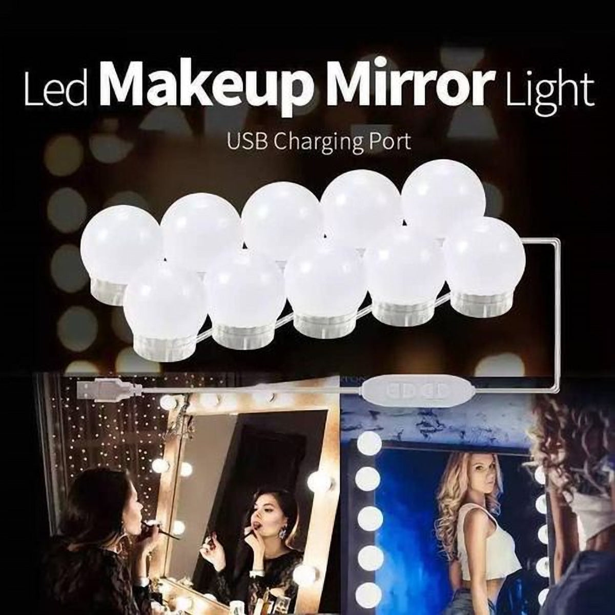 Set 10 Becuri LED pentru Oglindă de Machiaj, Stil Hollywood, USB, 6000-6500K