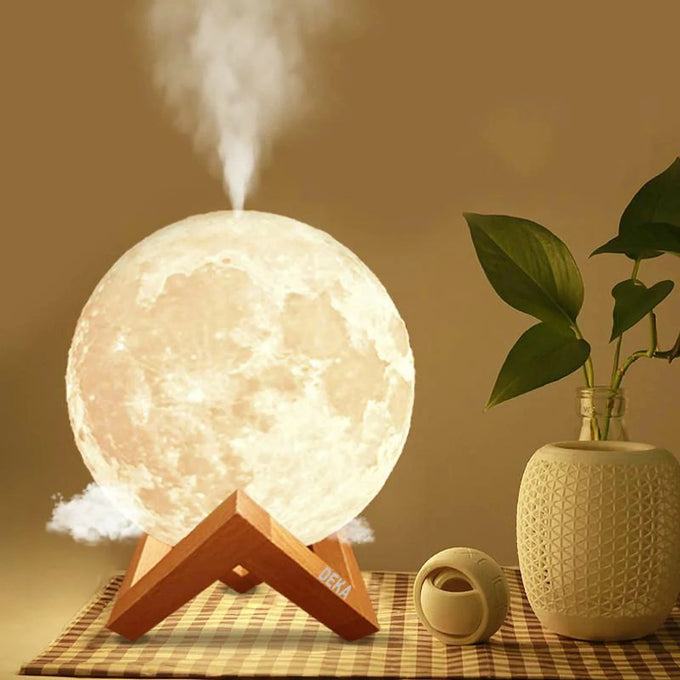 Lampă Lună 3D, Umidificator și Difuzor de Aromaterapie 3 în 1, cu Suport din Lemn