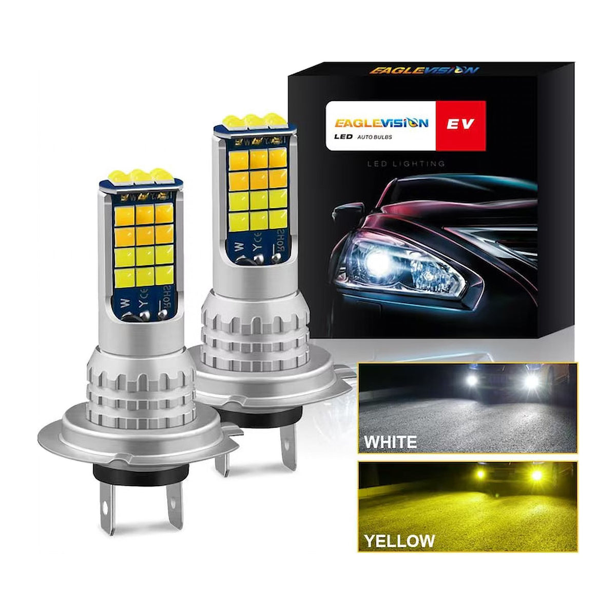 Set 2 Becuri Auto LED H7, 90W, 8500 Lm, cu Lumină Albă 6000K și Galbenă, IP65