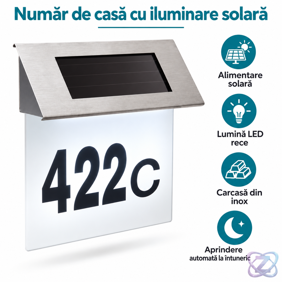 Numar de casa din inox, cu iluminare LED si alimentare solara – caracteristici