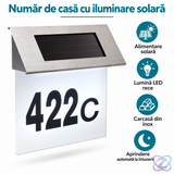 Număr de Casă LED Solar din Inox, Argintiu, cu Senzor de Lumină, 19 x 5 cm
