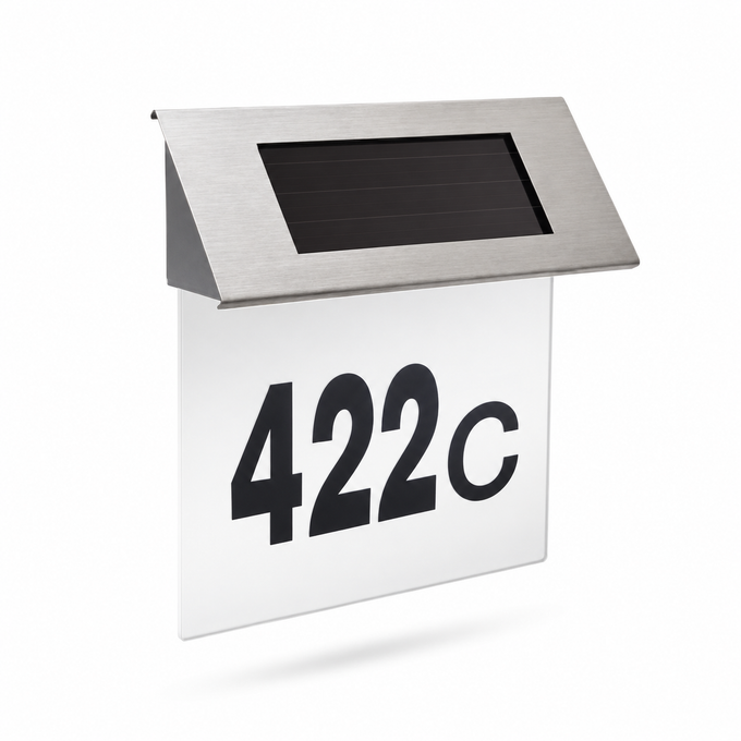 Număr de Casă LED Solar din Inox, Argintiu, cu Senzor de Lumină, 19 x 5 cm