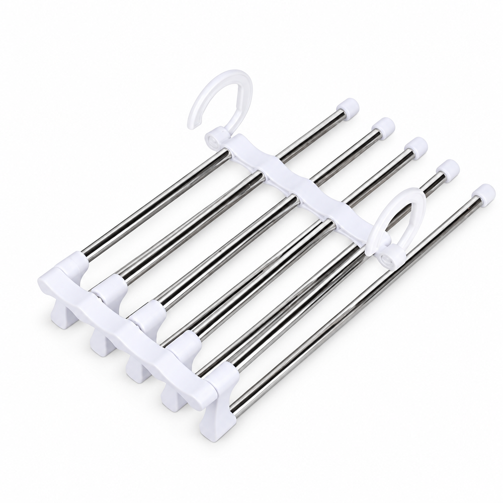 Umeraș Organizator Pliabil pentru 5 Perechi de Pantaloni, cu 2 Cârlige, Plastic și Inox