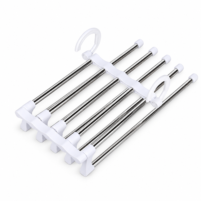 Umeraș Organizator Pliabil pentru 5 Perechi de Pantaloni, cu 2 Cârlige, Plastic și Inox