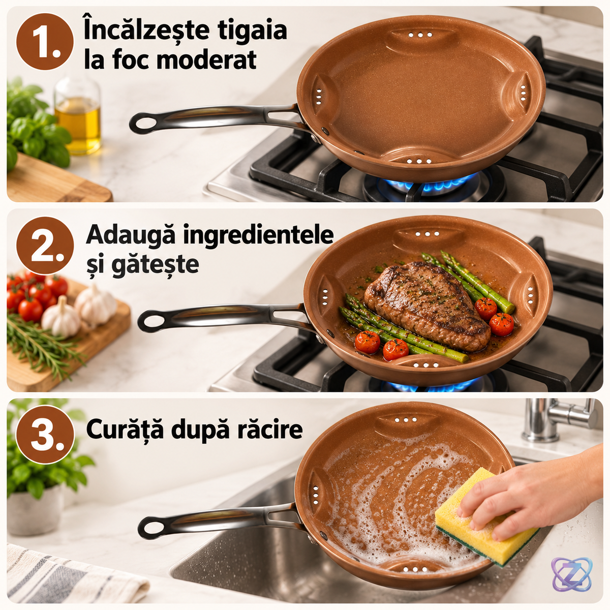 Tigaie Air Fry Ceramica 25cm, super rezistenta, fara ulei, timp scazut de coacere – instrucțiuni