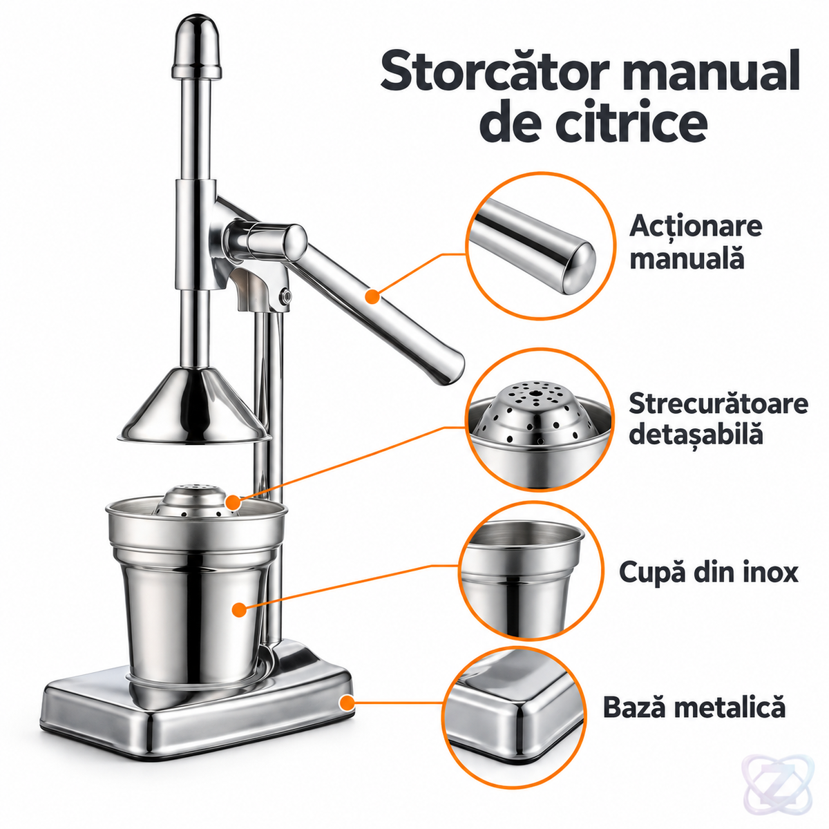 Storcator manual de citrice, din inox, pentru sucuri, 37 cm – caracteristici