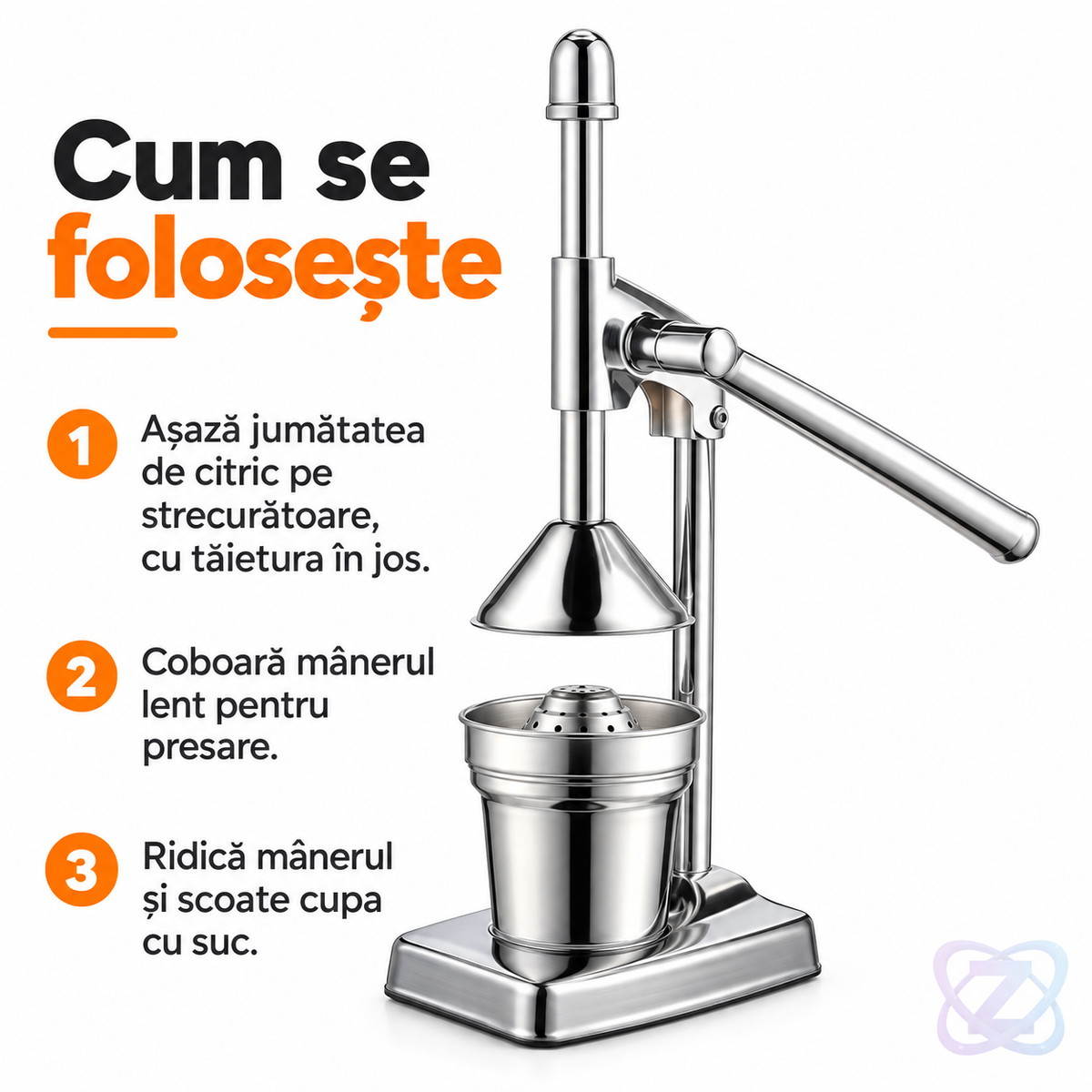 Storcator manual de citrice, din inox, pentru sucuri, 37 cm – instrucțiuni