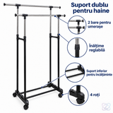 Stender Telescopic cu 2 Bare pentru Umerașe, Reglabil 67-137 cm, pe Roți