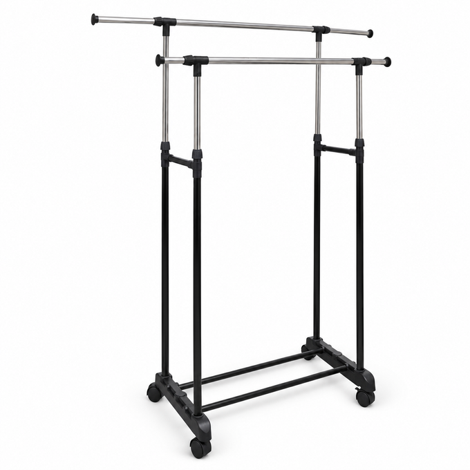 Stender Telescopic cu 2 Bare pentru Umerașe, Reglabil 67-137 cm, pe Roți