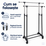 Stender Telescopic cu 2 Bare pentru Umerașe, Reglabil 67-137 cm, pe Roți