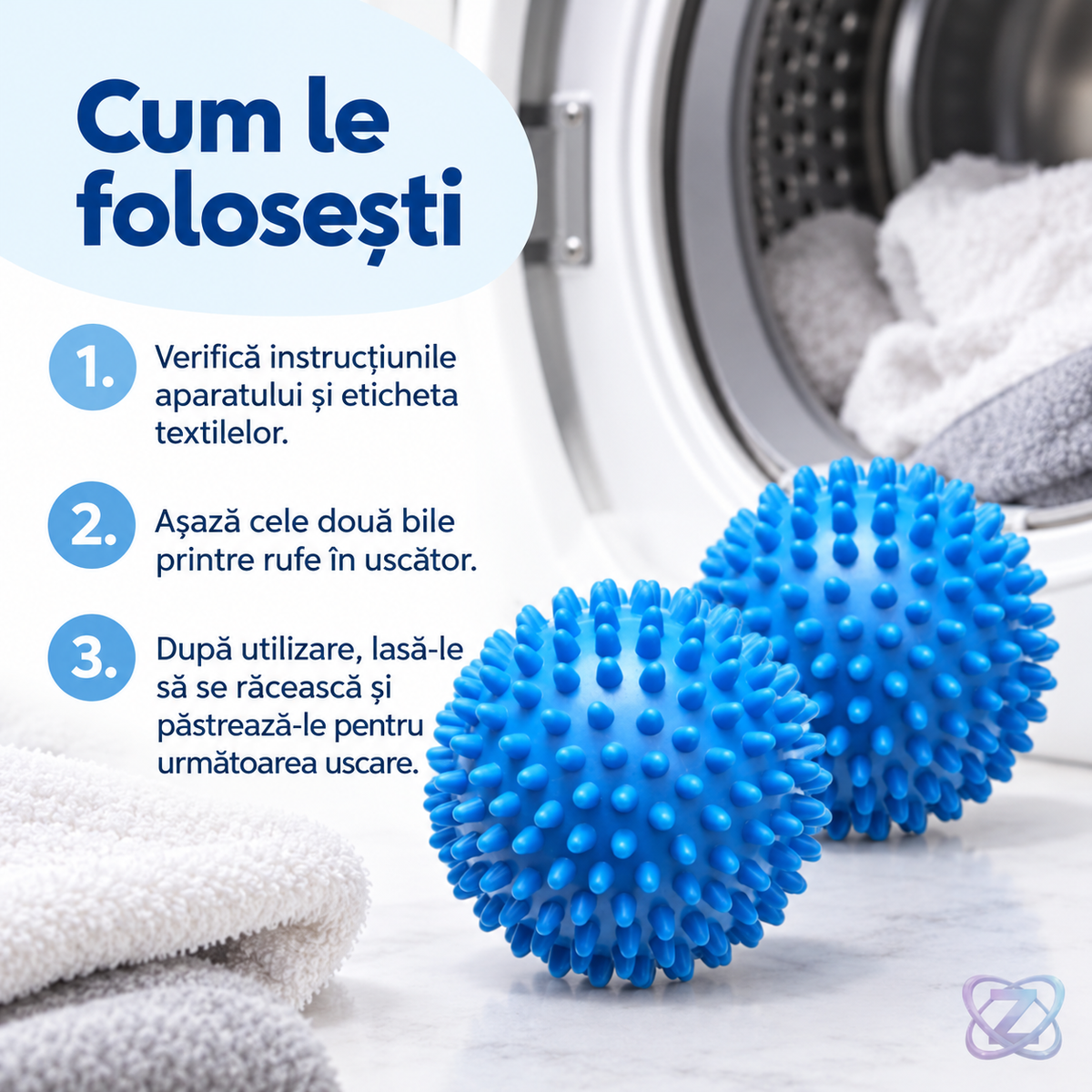 Set 2 bile pentru uscarea rapida a rufelor, Dryer Balls – instrucțiuni