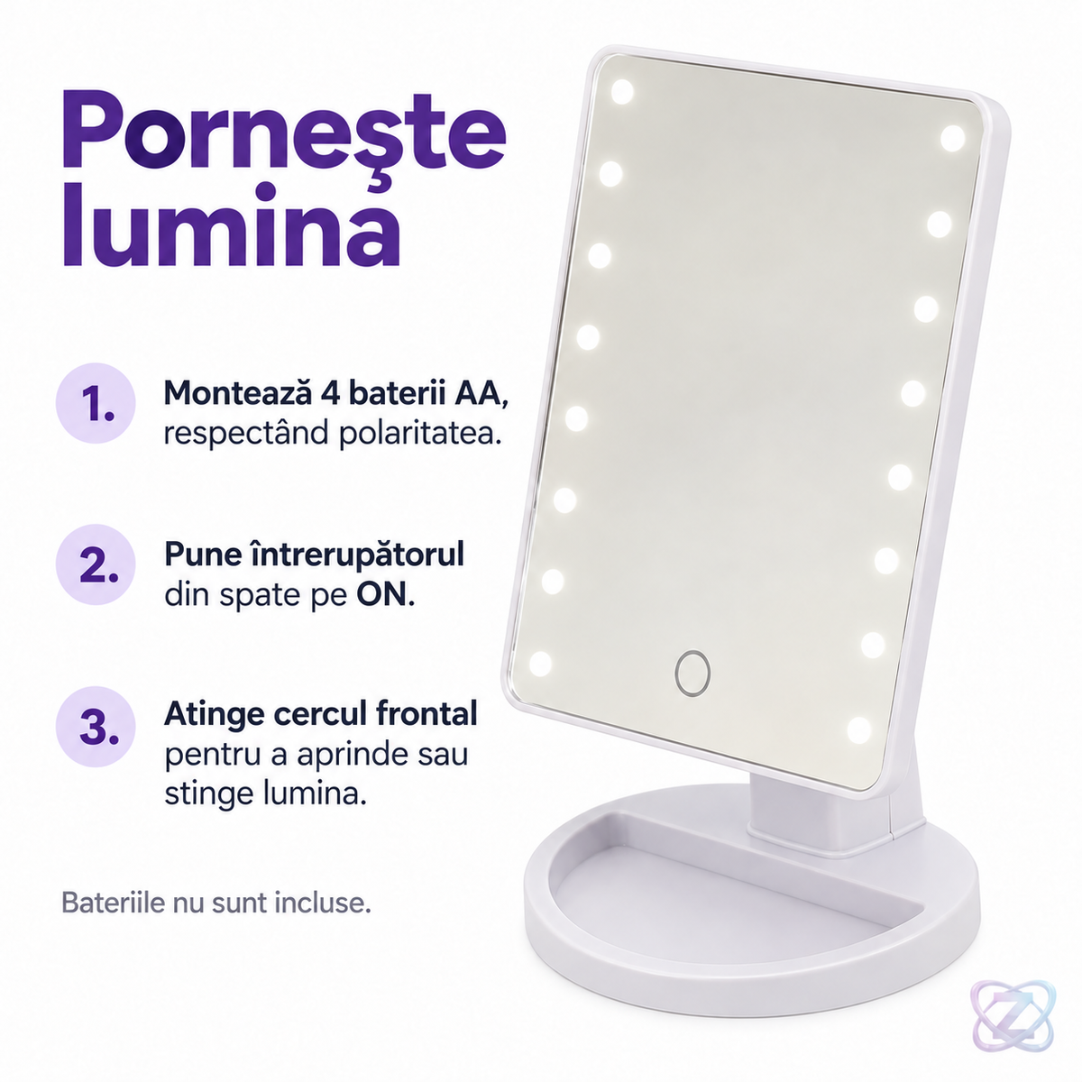 Oglinda 16 LED-uri, pentru Machiaj alba – instrucțiuni