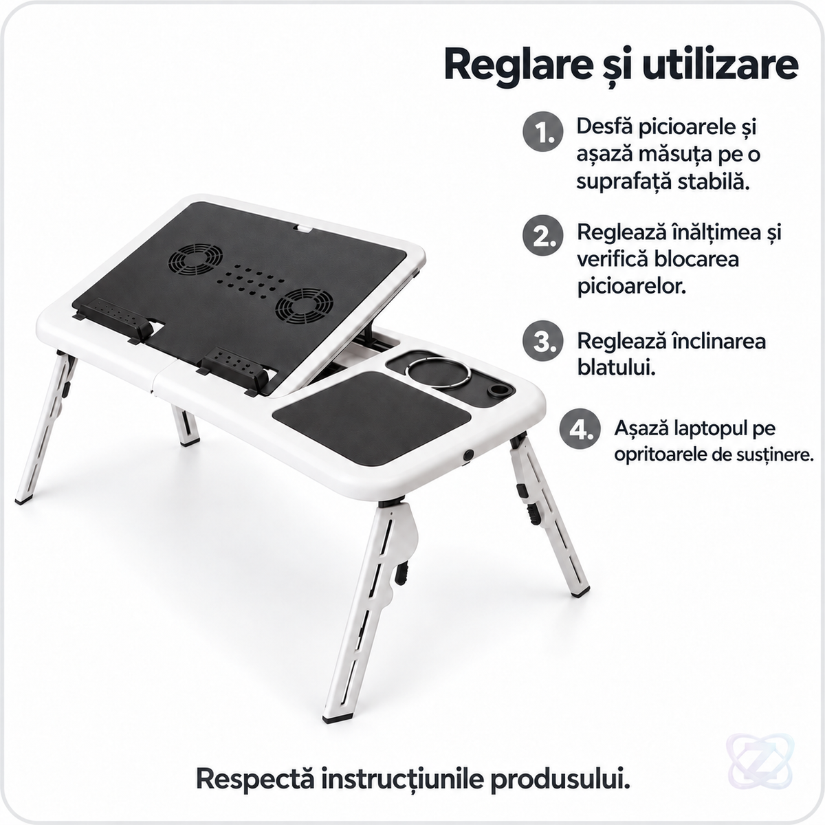 Masuta laptop multifunctionala E-Table reglabila pe inaltime – instrucțiuni