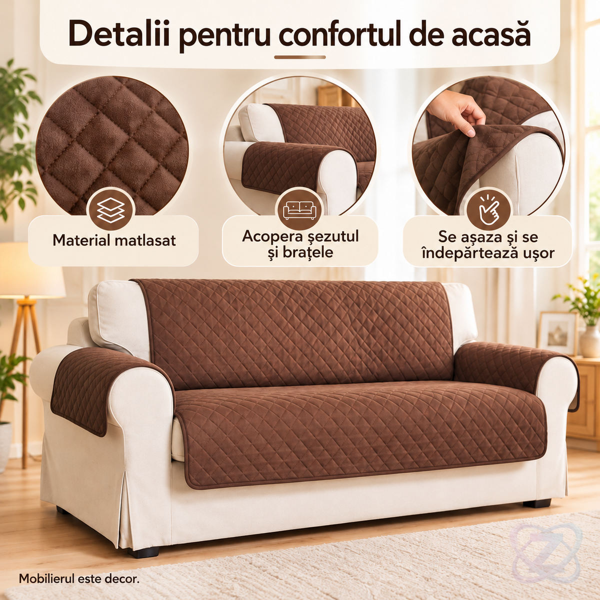 Husă Textilă Dublă EDAR pentru Protecția Canapelei cu 2 Locuri, Bej și Maro – features