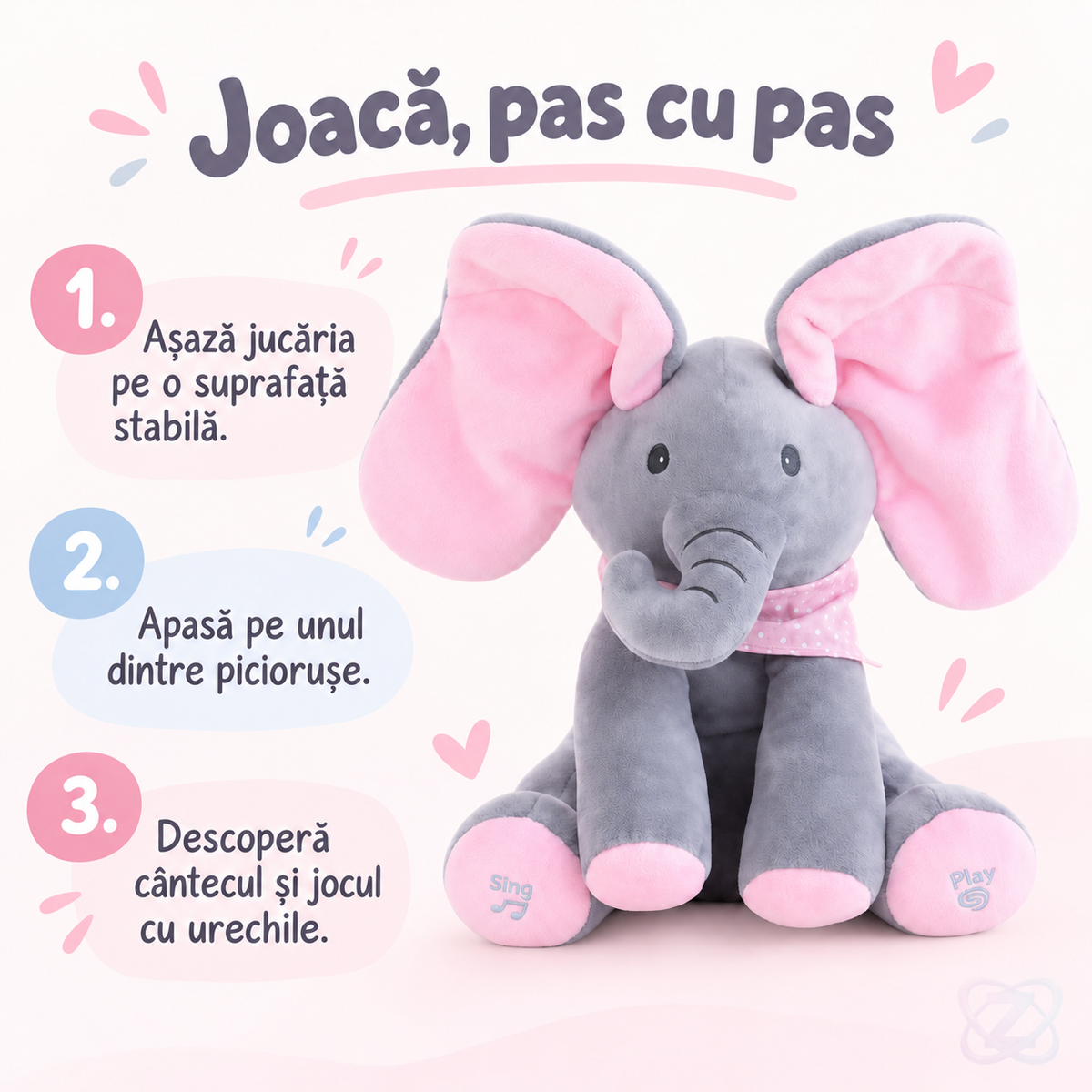 Elefantul Cucu-Bau de Pluș care Mișcă Urechile și Cântă – instructions