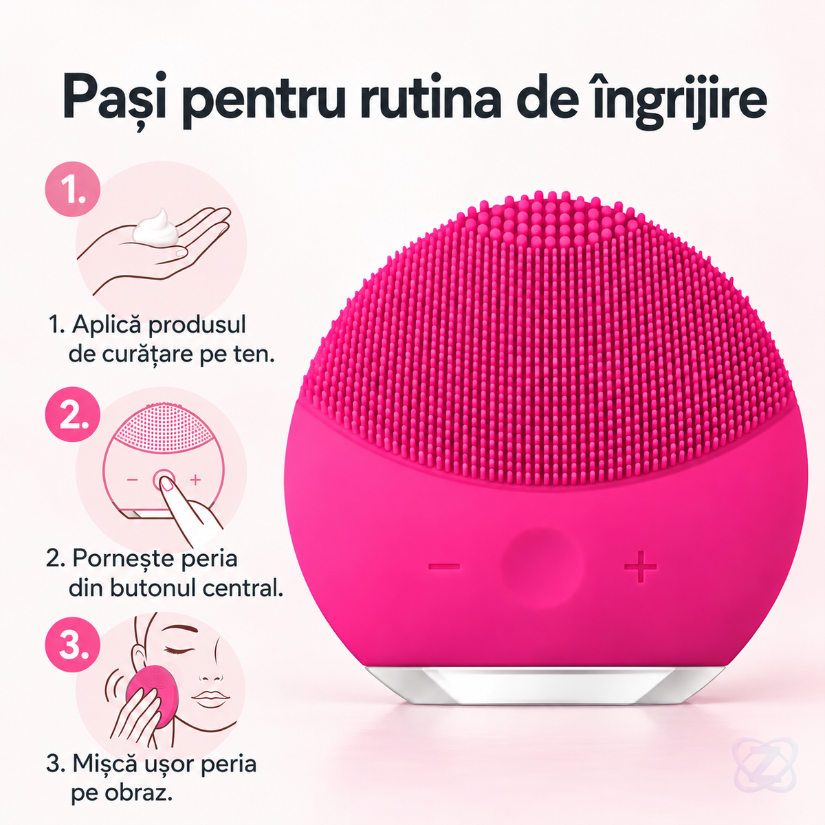 Dispozitiv de Curățare Facială Sonic din Silicon, Fucsia, cu 3 Zone și Vibrații Reglabile – instructions