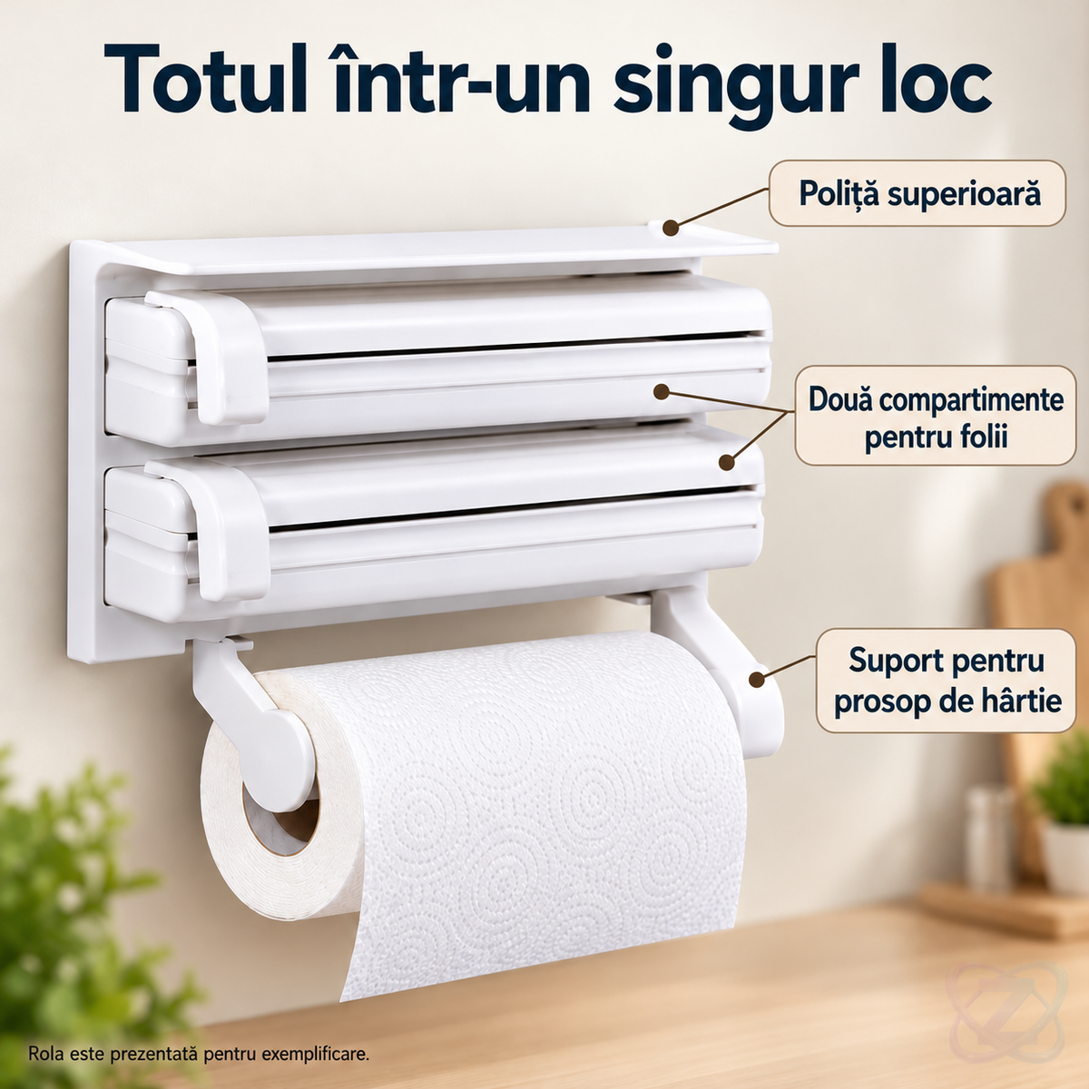 Dispenser Triplu de Bucătărie pentru Hârtie, Folie de Aluminiu și Folie Stretch – features