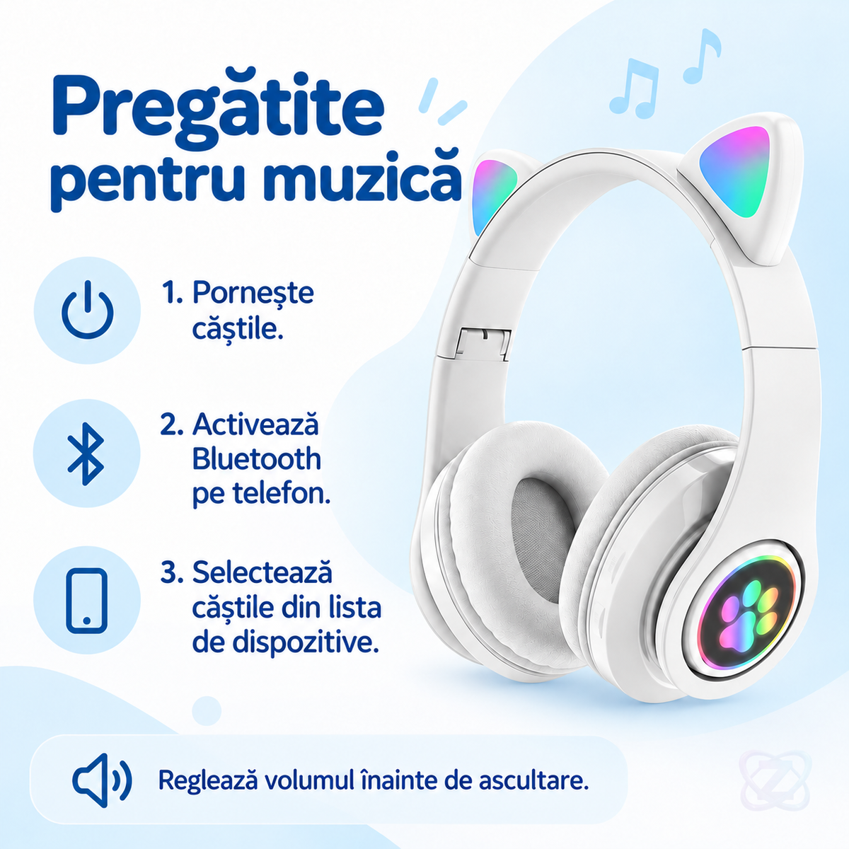 Căști Wireless Pliabile cu Urechi de Pisică Iluminate LED, Bluetooth 5.0, Bass Stereo – instructions