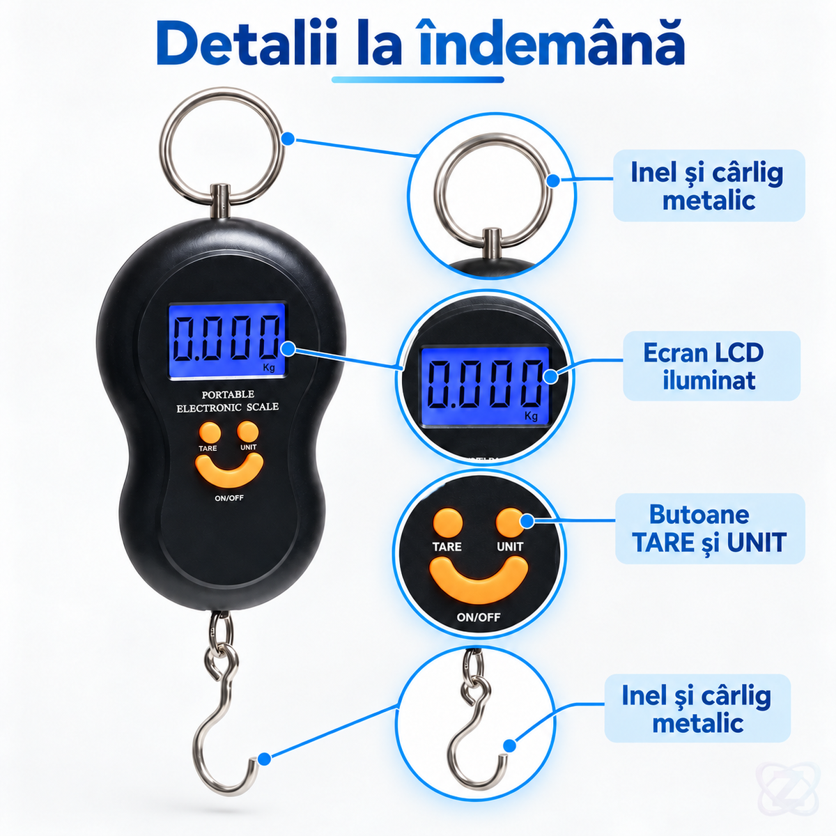 Cântar Electronic de Mână 40 kg, Negru, cu Ecran LCD Iluminat – features