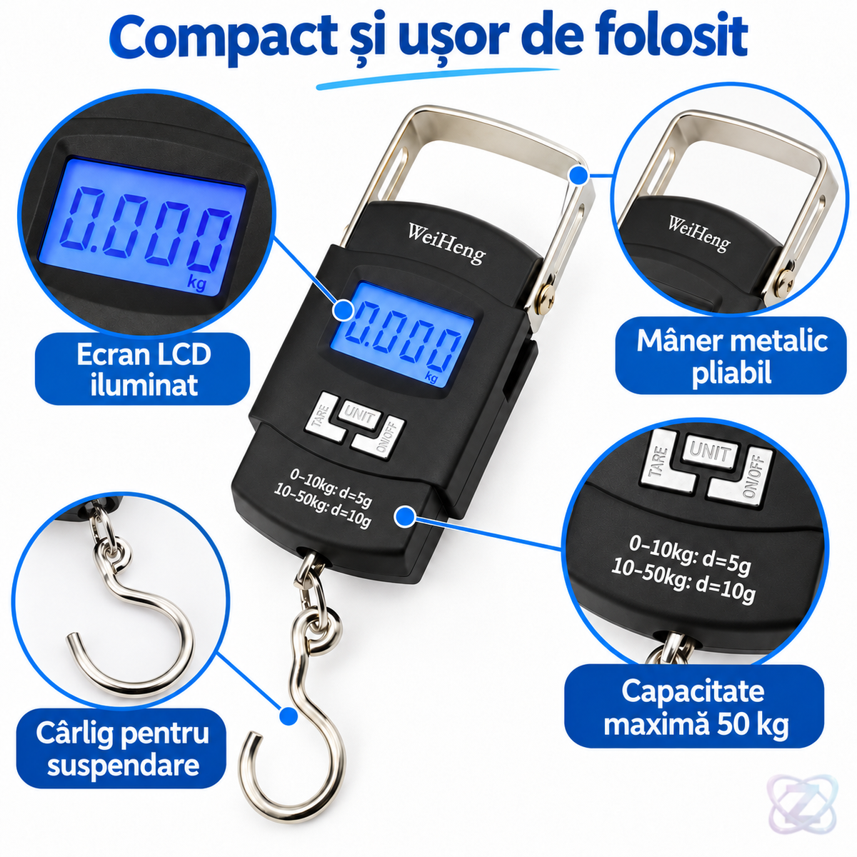 Cântar de Mână Portabil cu Ecran LCD, Greutate Maximă 50 kg – caracteristici verificate