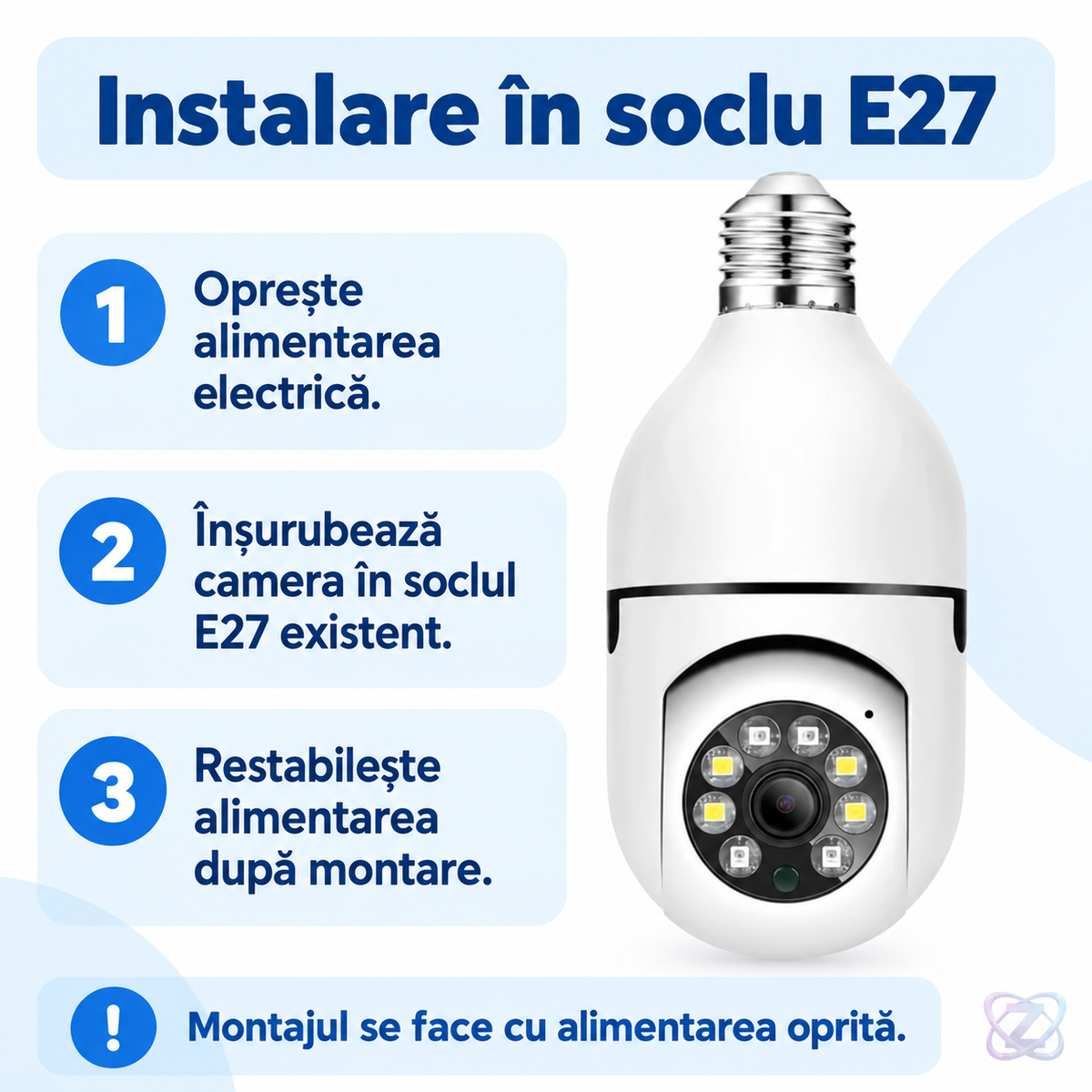 Cameră de Supraveghere tip Bec, Wi-Fi, 1080p, Rotativă 355°, cu Soclu E27 – instructions