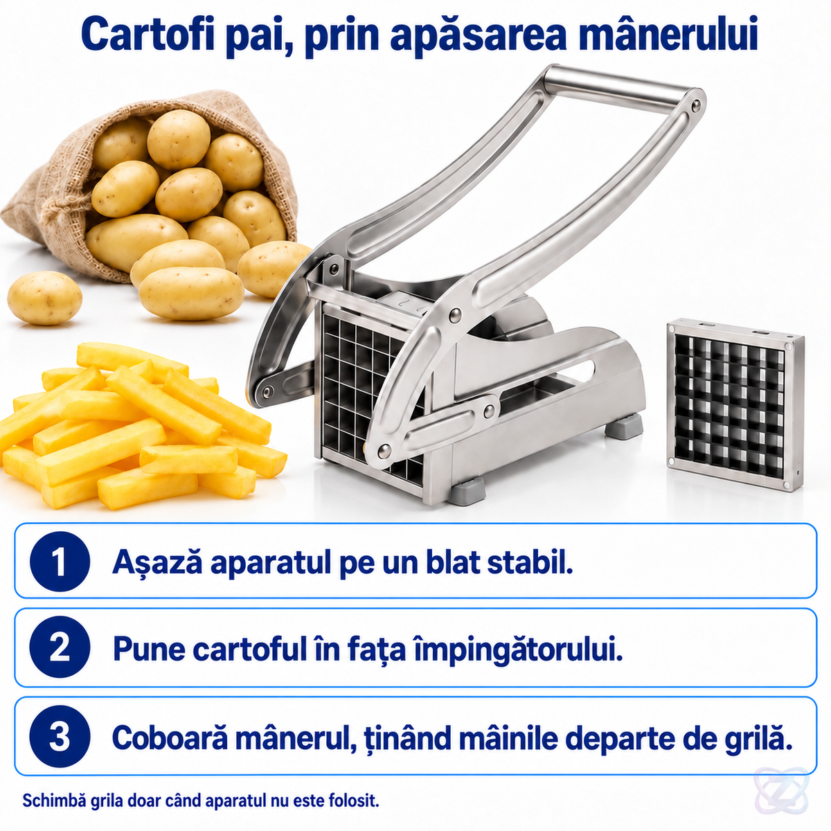 Aparat de Tăiat Cartofi Pai și Legume din Inox, cu 2 Forme de Tăiere – instructions