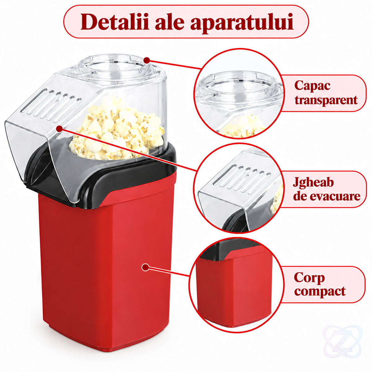 Aparat de Făcut Popcorn fără Ulei, Snack Maker 1200W cu Aer Cald – features
