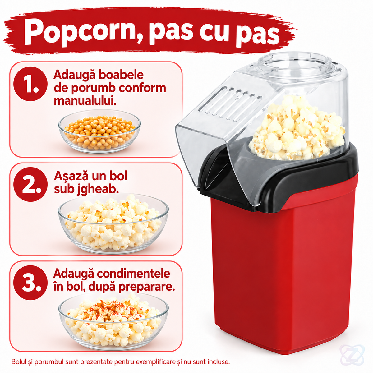 Aparat de Făcut Popcorn fără Ulei, Snack Maker 1200W cu Aer Cald – instructions
