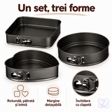 Set 3 Tăvi pentru Copt, Formă Inimă, Rotundă și Pătrată, cu Bază Detașabilă