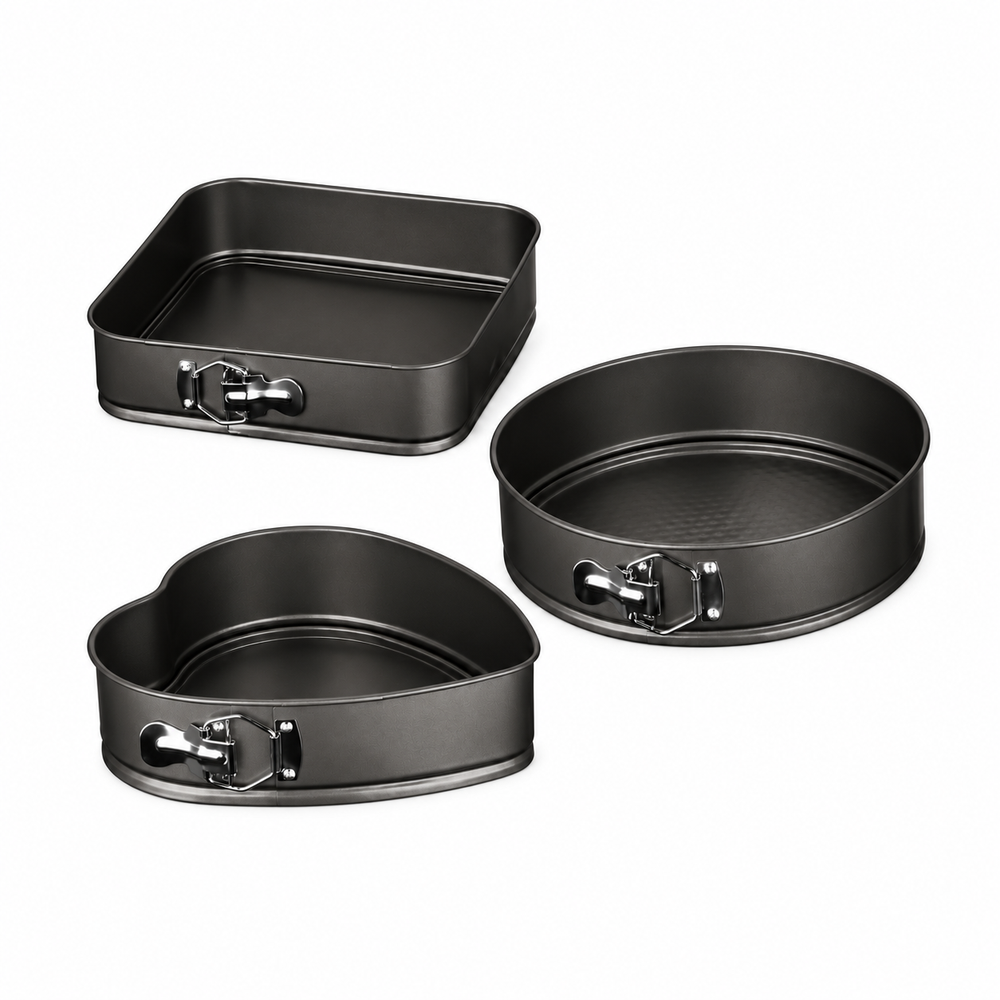 Set 3 Tăvi pentru Copt, Formă Inimă, Rotundă și Pătrată, cu Bază Detașabilă