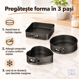 Set 3 Tăvi pentru Copt, Formă Inimă, Rotundă și Pătrată, cu Bază Detașabilă
