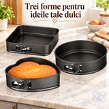 Set 3 Tăvi pentru Copt, Formă Inimă, Rotundă și Pătrată, cu Bază Detașabilă