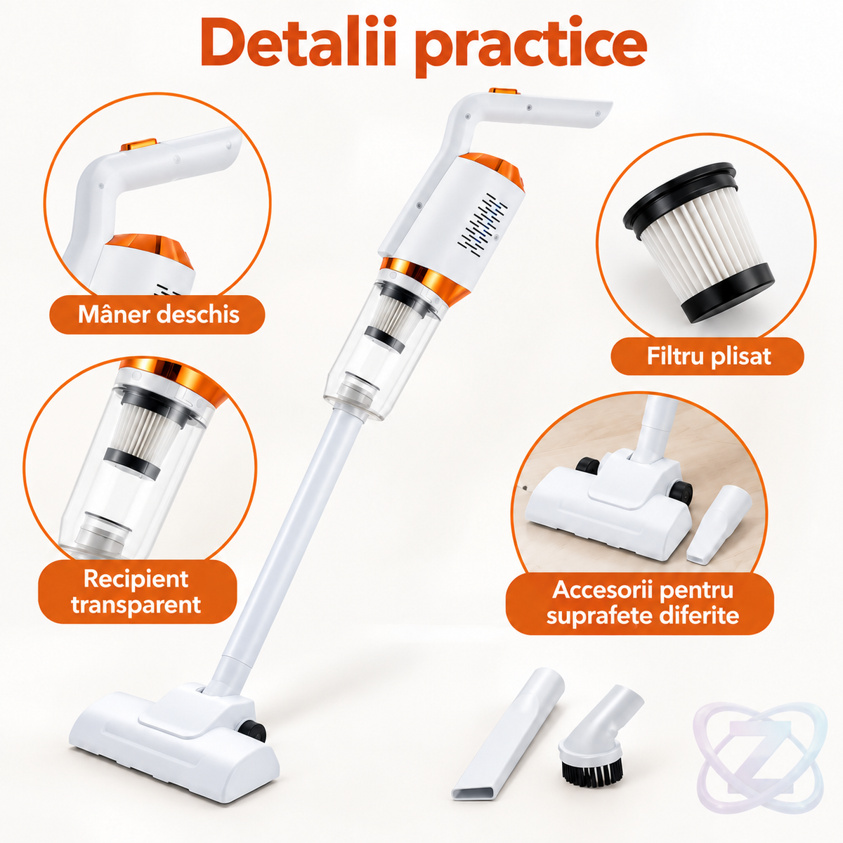 Aspirator de Mână fără Fir HY-118, 120W, cu Rezervor de 600 ml și Duze Multiple – features