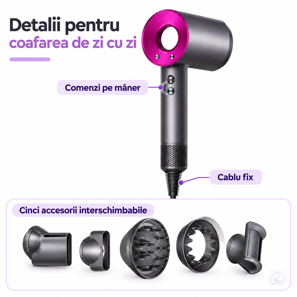 Uscător de Păr 5 în 1 cu 5 Accesorii Interschimbabile și Tehnologie cu Ioni Negativi – features