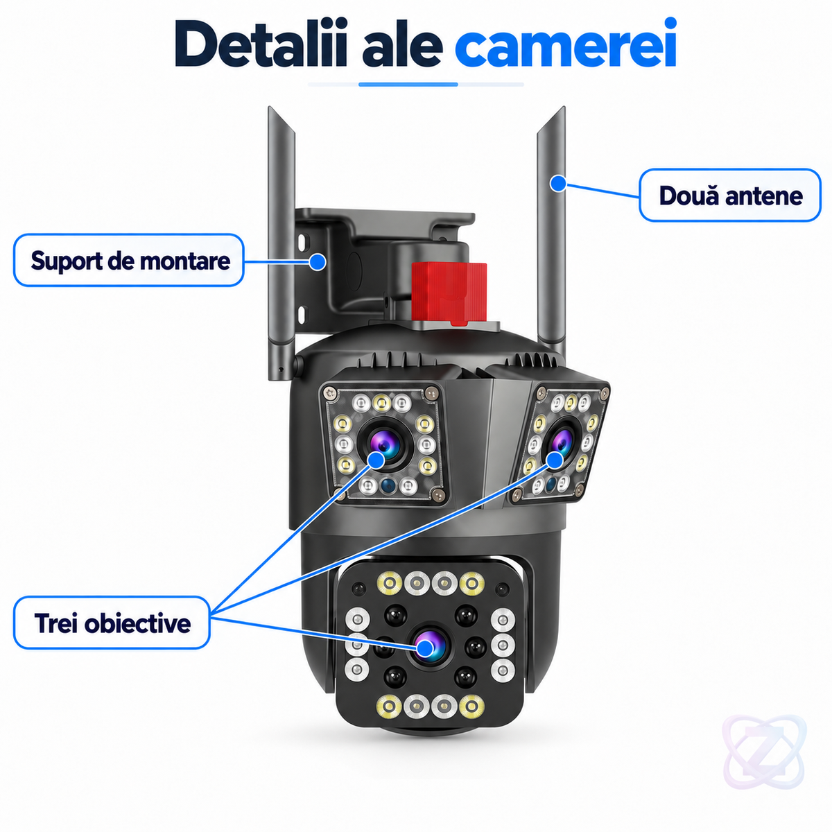 Cameră de Supraveghere Wi-Fi cu 3 Camere, 12MP, Zoom Optic 10X, Detectare Mișcare, Alarmă și Control prin Aplicație – features