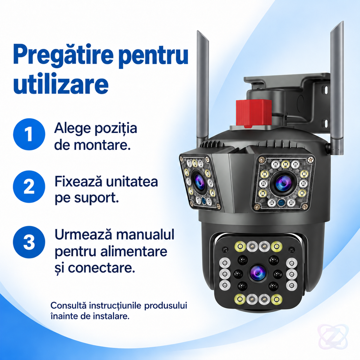 Cameră de Supraveghere Wi-Fi cu 3 Camere, 12MP, Zoom Optic 10X, Detectare Mișcare, Alarmă și Control prin Aplicație – instructions