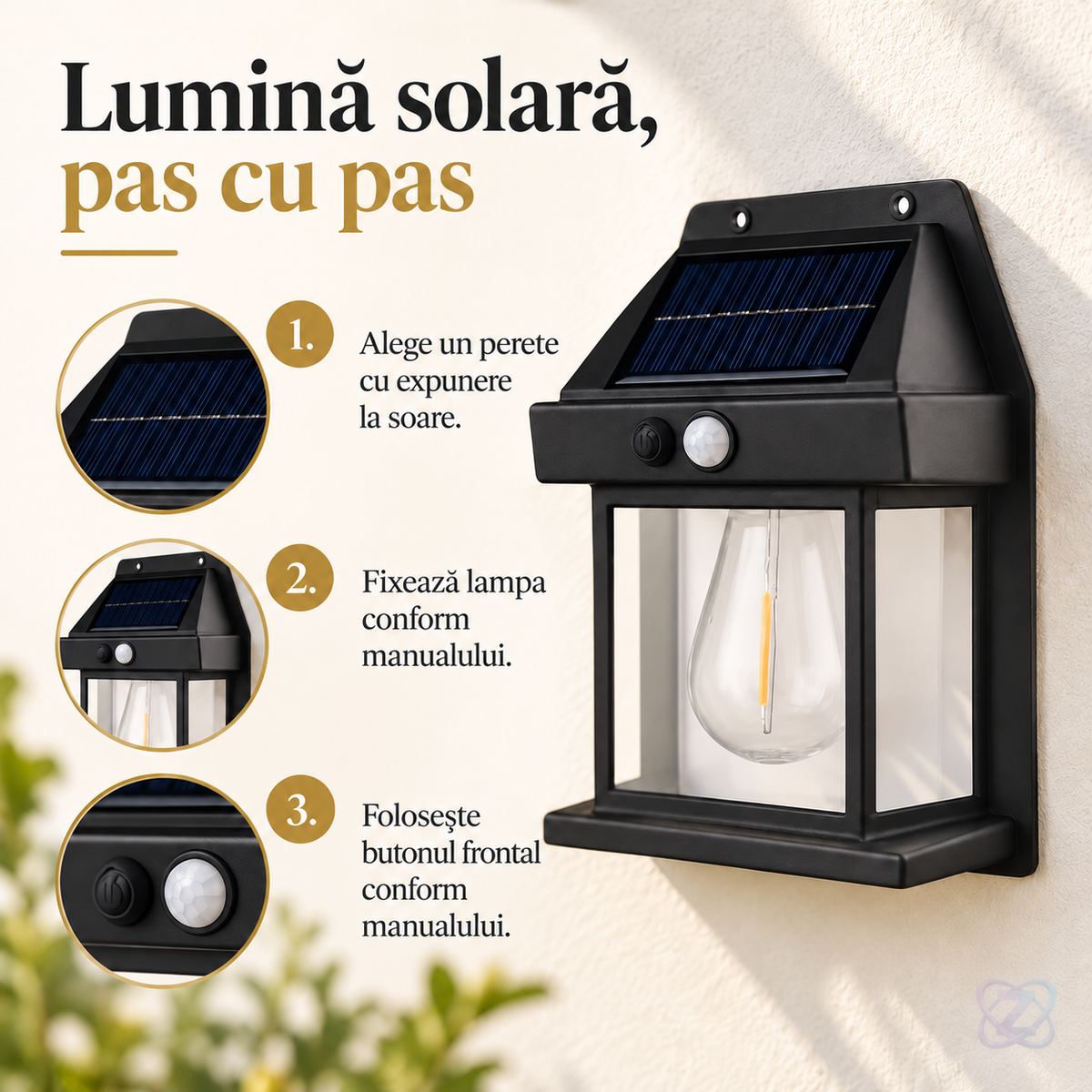 Lampă Solară de Perete cu Bec LED, cu Senzor de Mișcare, IP65, 600 Lumeni – instructions