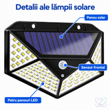 Lampă Solară cu Senzor de Mișcare, 100 LED-uri, 600 Lumeni, cu 3 Moduri de Funcționare