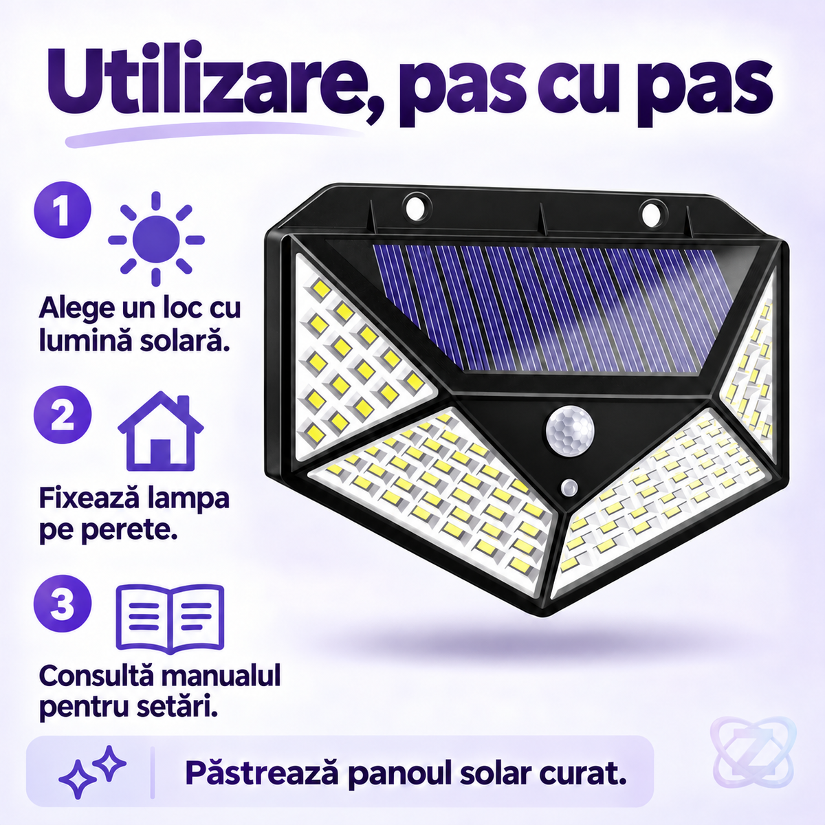 Lampă Solară cu Senzor de Mișcare, 100 LED-uri, 600 Lumeni, cu 3 Moduri de Funcționare – instructions