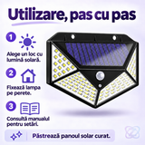 Lampă Solară cu Senzor de Mișcare, 100 LED-uri, 600 Lumeni, cu 3 Moduri de Funcționare