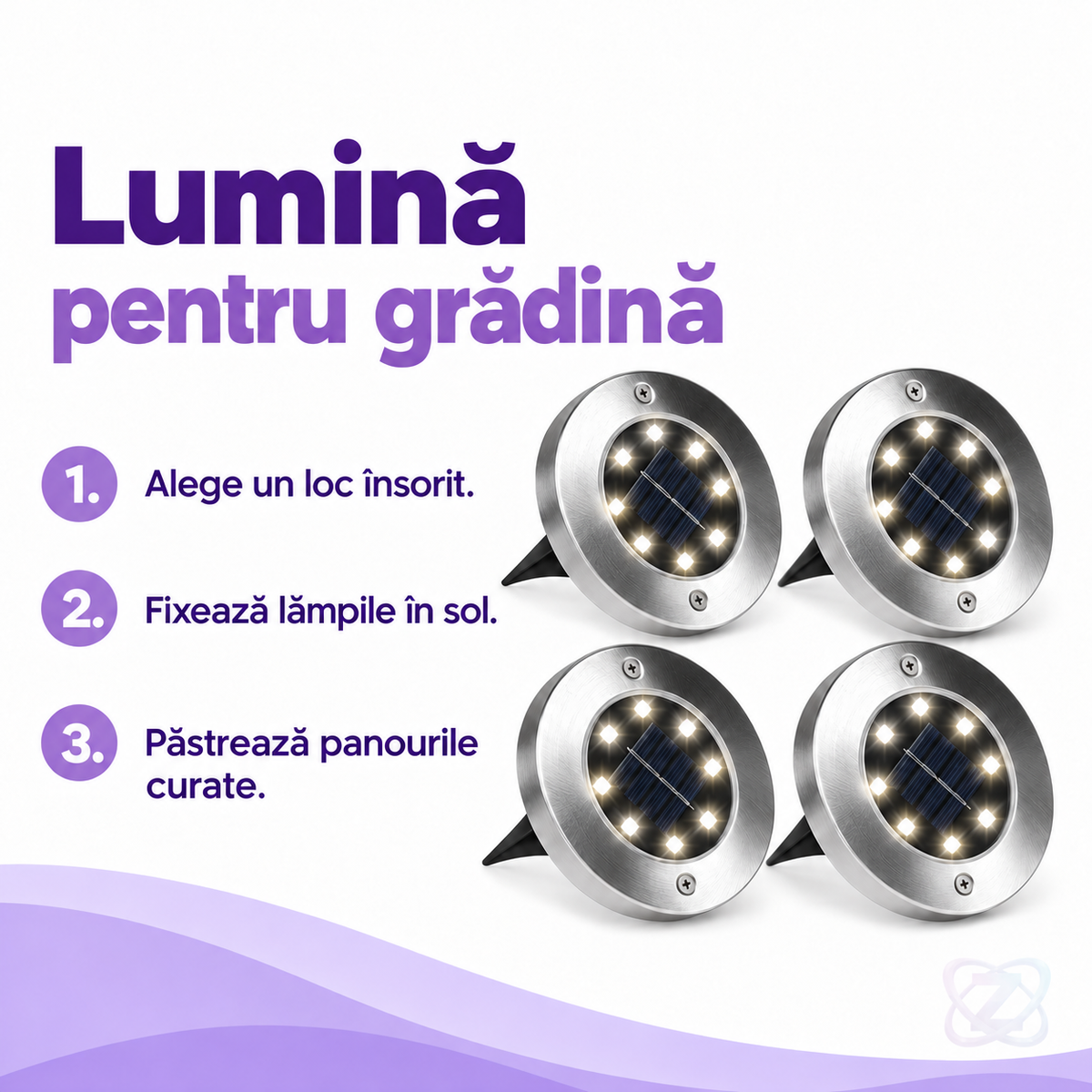 Set 4 Lămpi Solare LED pentru Gradină, cu 8 LED-uri, Fără Fir, de Înfipt în Pământ – instructions