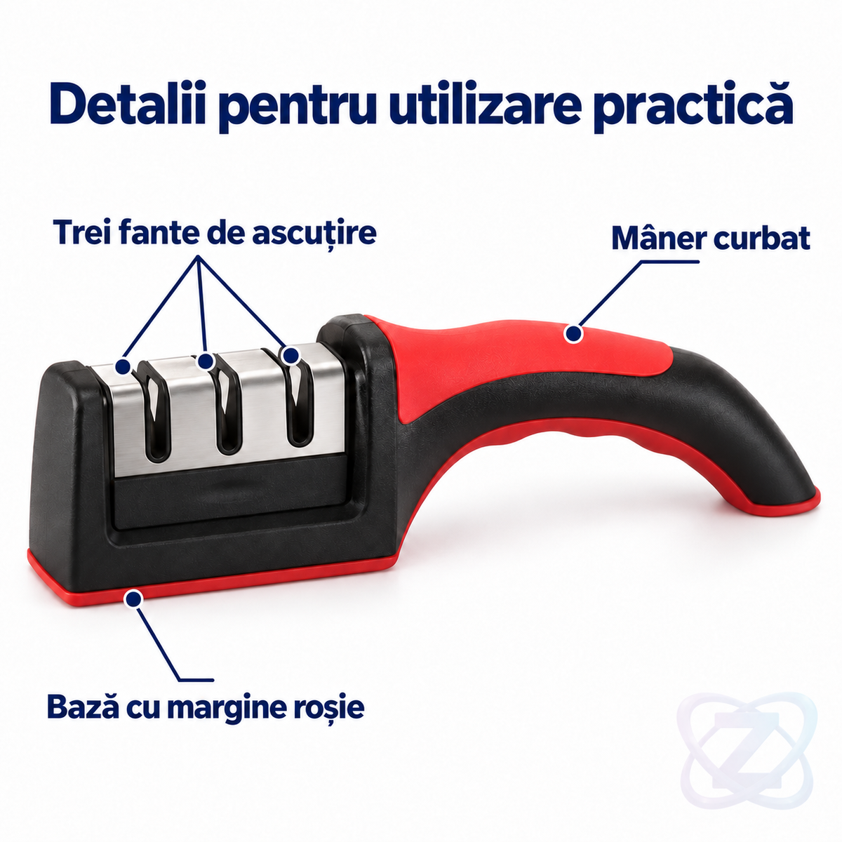 Ascuțitor de Cuțite cu 3 Niveluri, cu Mâner Ergonomic și Bază Antialunecare, Negru/Roșu – features