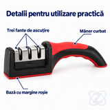 Ascuțitor de Cuțite cu 3 Niveluri, cu Mâner Ergonomic și Bază Antialunecare, Negru/Roșu