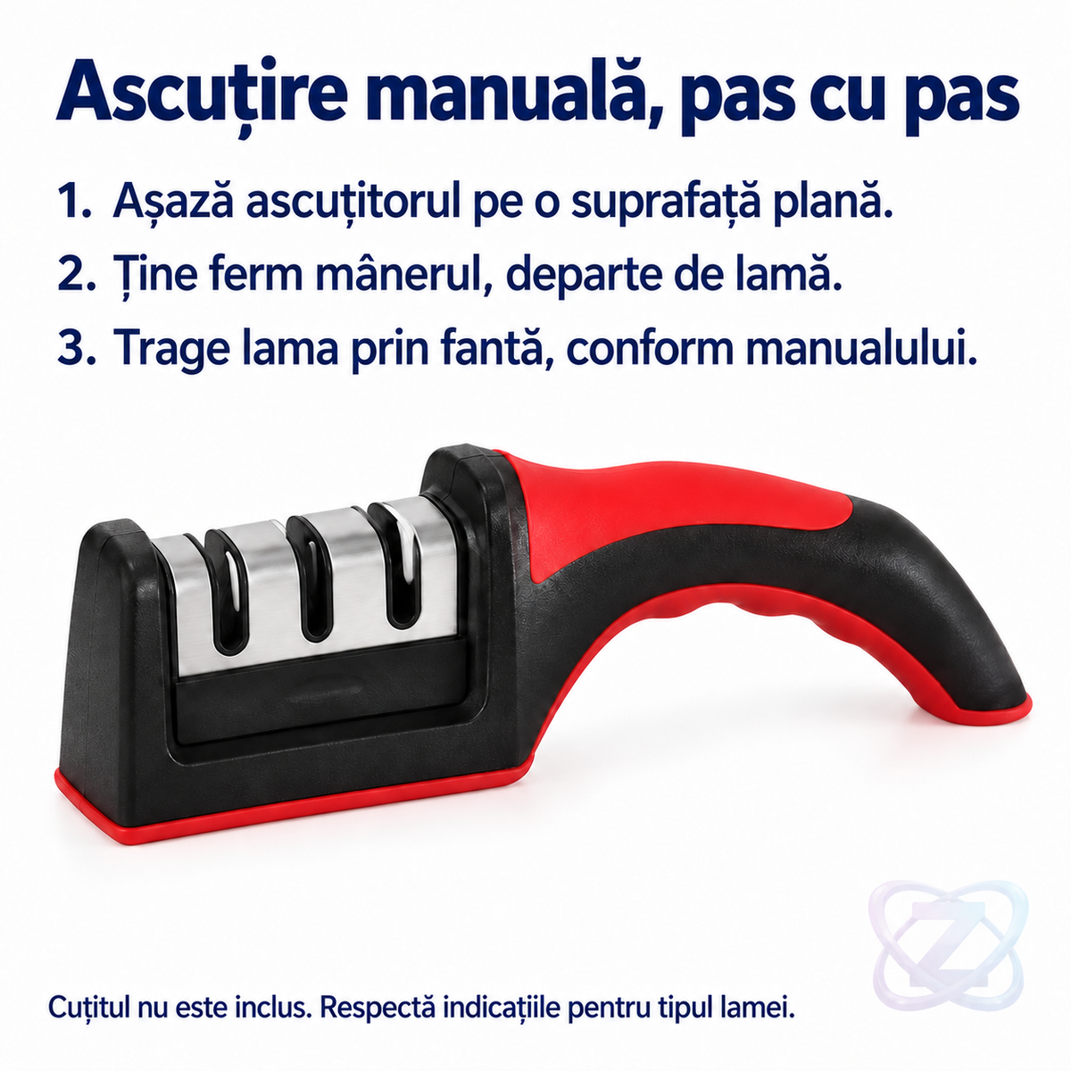 Ascuțitor de Cuțite cu 3 Niveluri, cu Mâner Ergonomic și Bază Antialunecare, Negru/Roșu – instructions